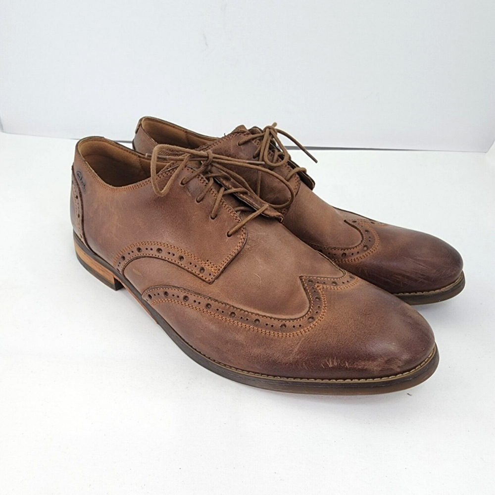 Clarks Men 14 Plus Cushion Brown Leather Wingtip Brogue Oxford Dress Shoes 16501